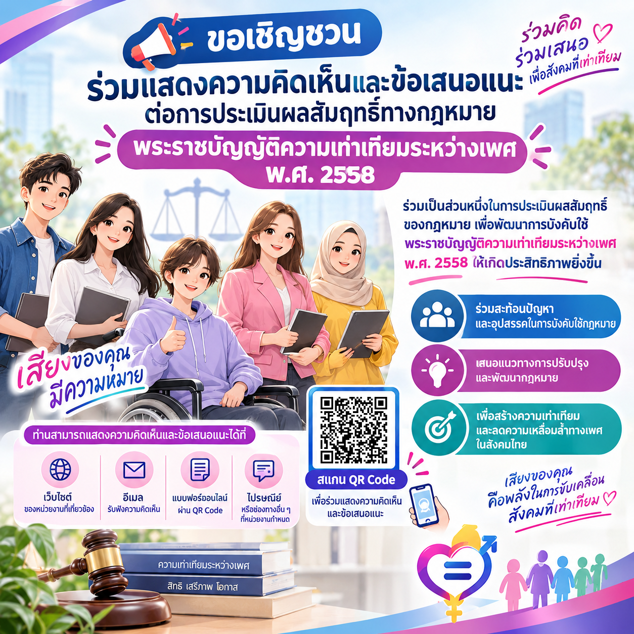 ขอเชิญชวนแสดงความคิดเห็นและข้อเสนอแนะต่อการประเมินผลสัมฤทธิ์ทางกฎหมายพระราชบัญญัติความเท่าเทียมระหว่…